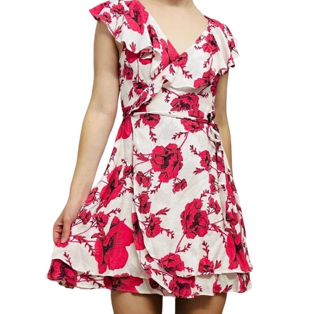Free People French Quarter Pink Floral Babydoll Ruffle Wrap Mini Dress Ballet M